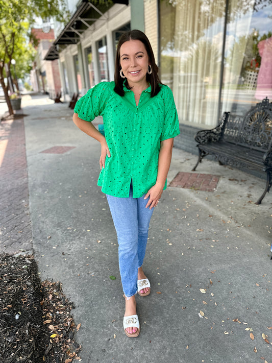 Embroidered Hollow-out Puff Sleeve Blouse
