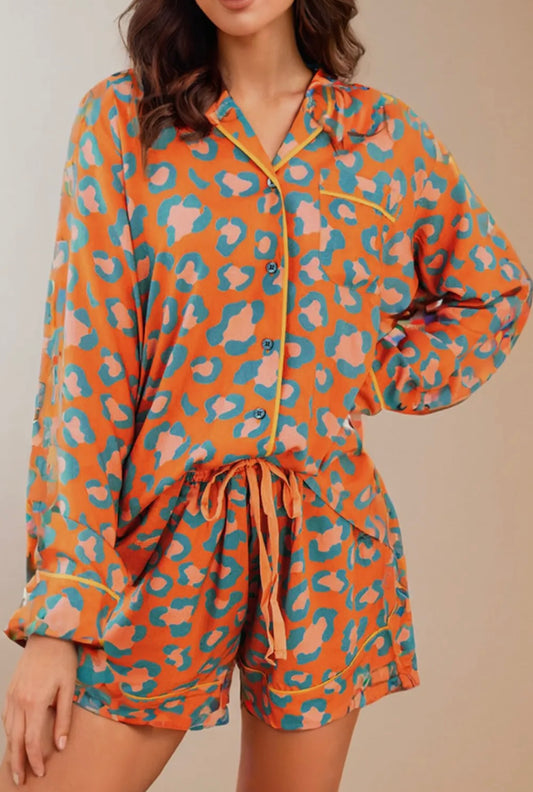 Orange Leopard Long Sleeve Shirt + Shorts Pajama Set
