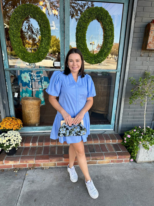 Baby Blue Collared Dress with Bubble Sleeve