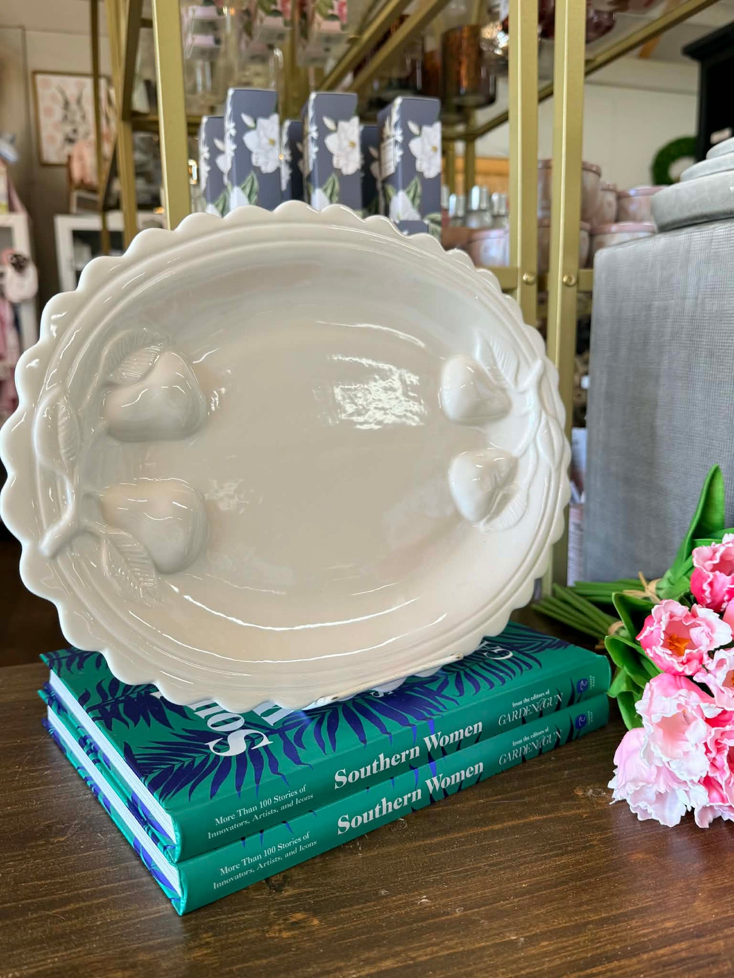 Stoneware Scalloped Platter with Embossed Pears