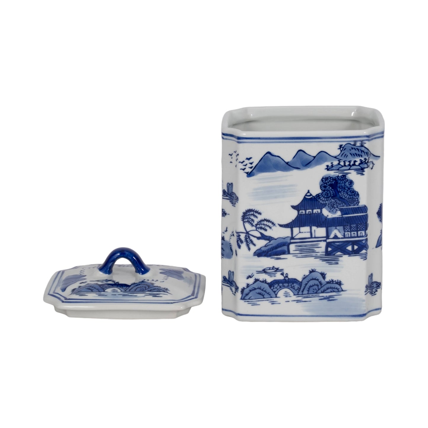 Lidded Blue Ceramic Rectangular Decorative Jar