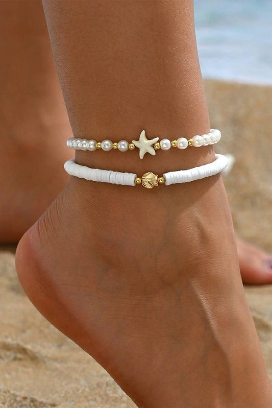LDC Starfish Shell Pearl Decor Beaded Double Layer Anklet