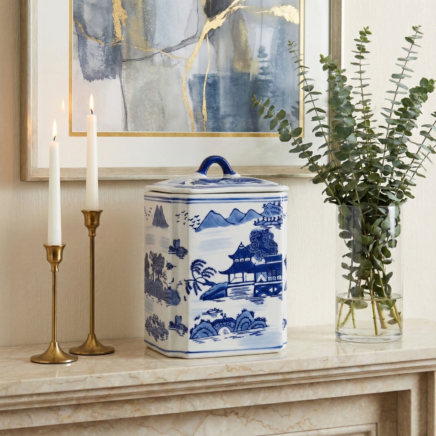 Lidded Blue Ceramic Rectangular Decorative Jar