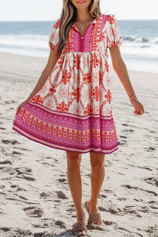 Boho Floral Short Sleeve Mini Dress