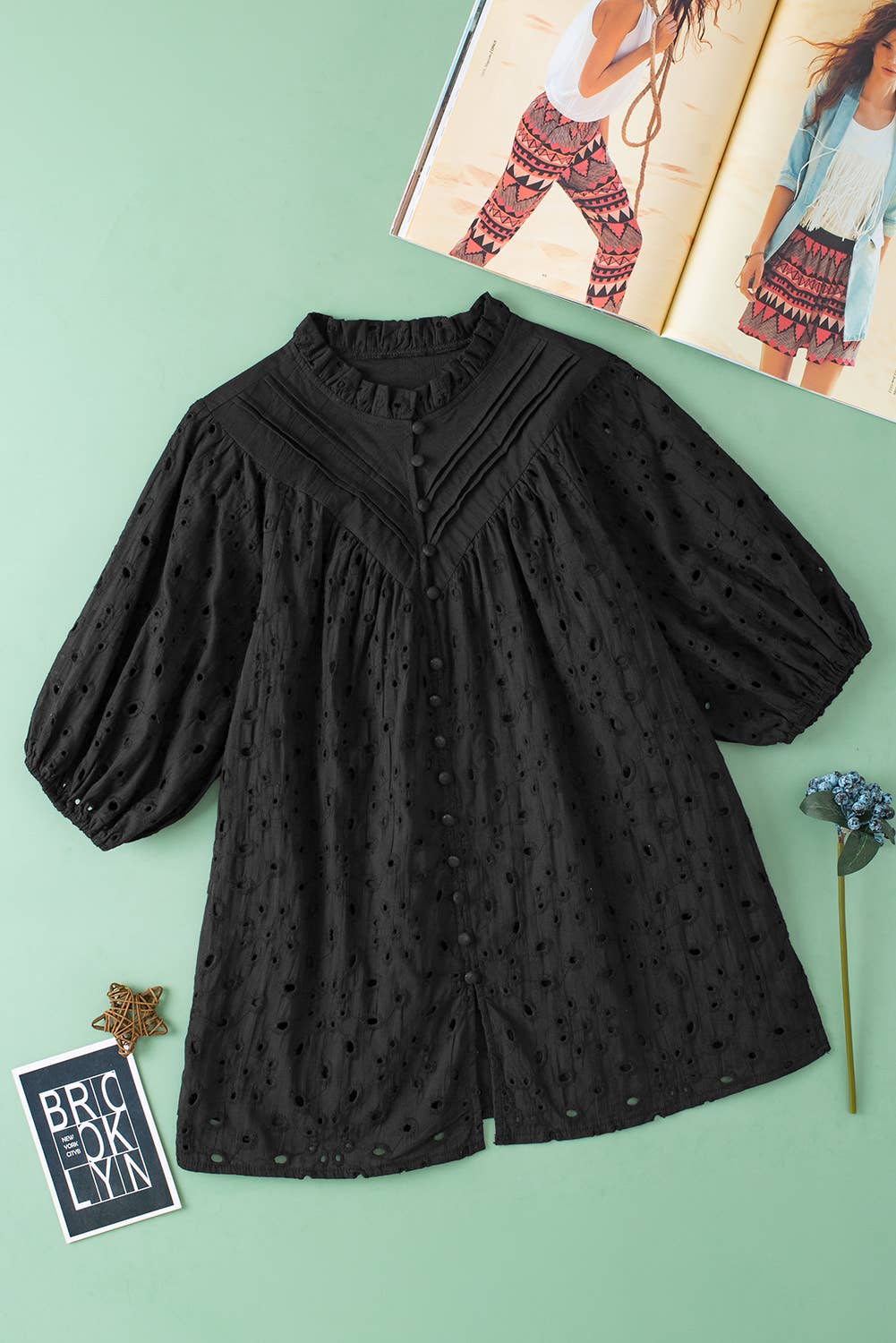 Embroidered Hollow-out Puff Sleeve Blouse