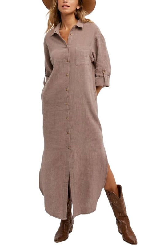 Button Up Maxi Shirt Dress With Pocket