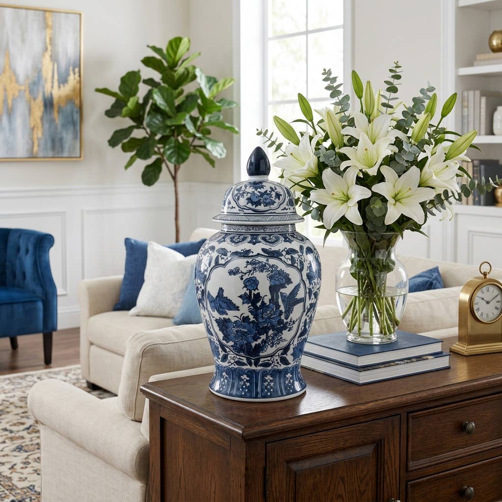 Decorative Jar - Blue Ceramic Flowers Temple Style