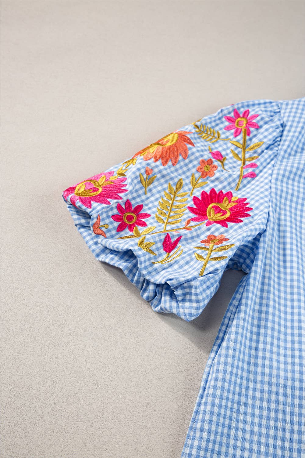 Gingham Embroidered Puff Sleeve Blouse