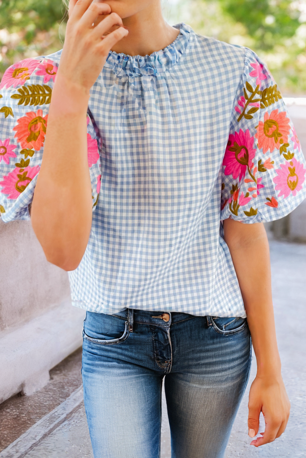 Gingham Embroidered Puff Sleeve Blouse