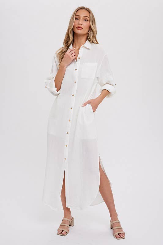 Button Up Maxi Shirt Dress With Pocket