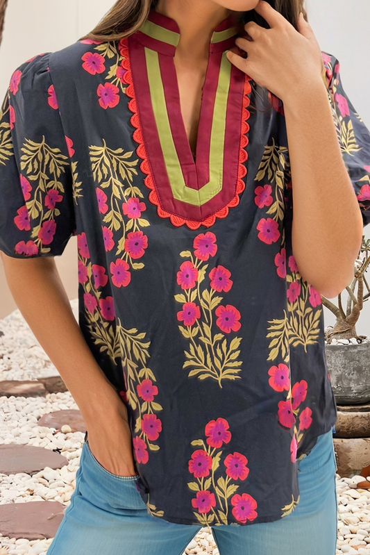 LDC Floral Short Bubble Sleeve Contrast Slit Neckline Blouse