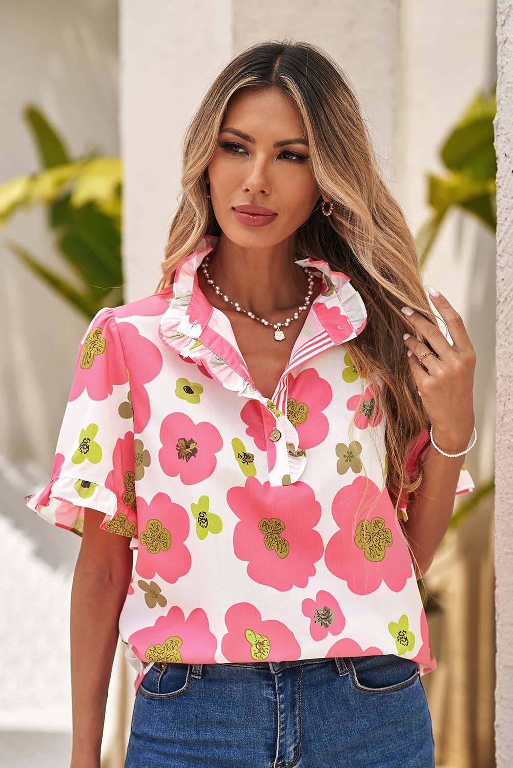 LDC Floral Ruffle Short Sleeve Striped Buttoned Blouse