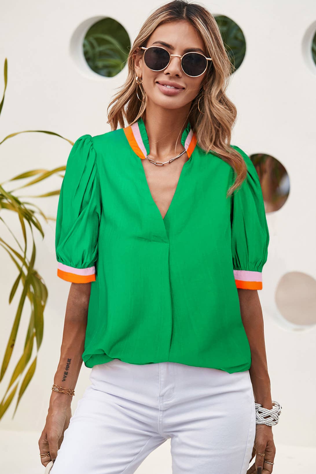 Colorblock V Neck Blouse