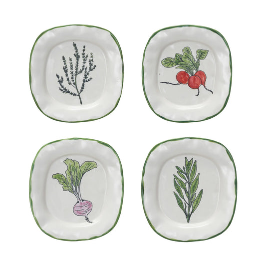 Hand-Painted Stoneware Plate w/ Vegetable/Herb & Green Rim, 4 Styles