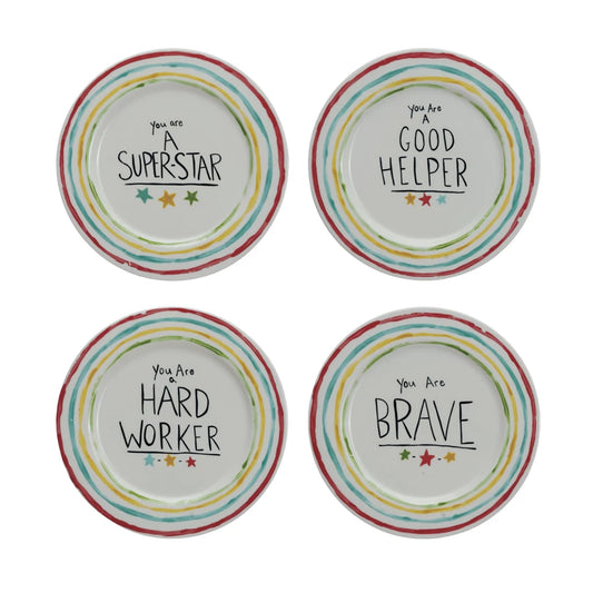 Stoneware Celebration Plate w/ Stars & Striped Edge, 4 Styles ©