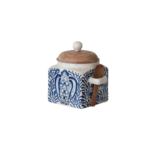 Hand-Painted Stoneware Canister with Lid & Spoon