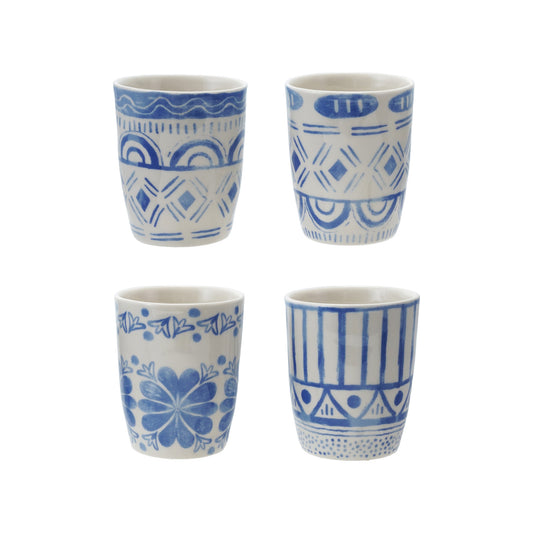 6 oz. Stoneware Cup with Tile Pattern, Blue & White, 4 Styles ©