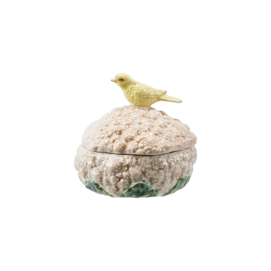 Stoneware Vintage Reproduction Cauliflower Shaped Container w/ Lid & Bird