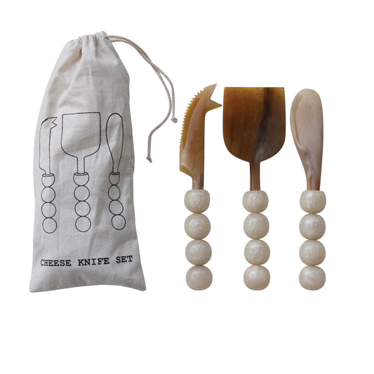 Natural Horn Cheese Knives with Resin Handles, Set of 3 in Bag (Each One Will Vary)