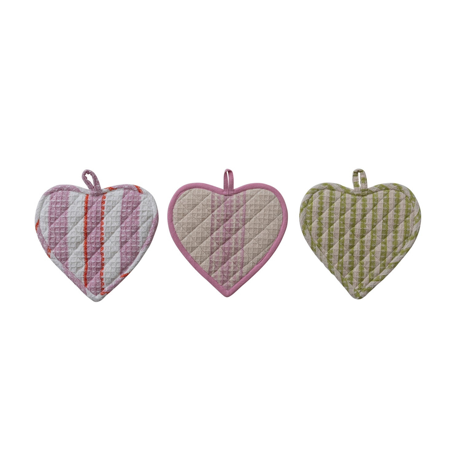 Cotton Quilted Waffle Weave Heart Shaped Pot Holder with Stripes, 3 Styles