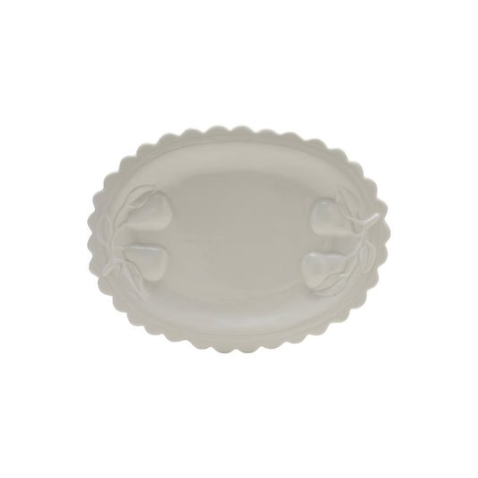 Stoneware Scalloped Platter with Embossed Pears, White (Each One Will Vary)