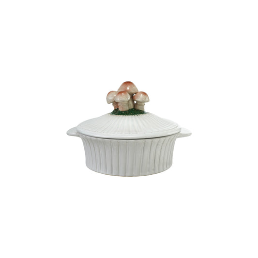 24 oz. Hand-Painted Stoneware Fluted Baker with Mushrooms, White, Brown & Green