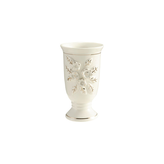 Stoneware Vintage Reproduction Footed Vase with 3D Flowers & Gold Electroplating, White