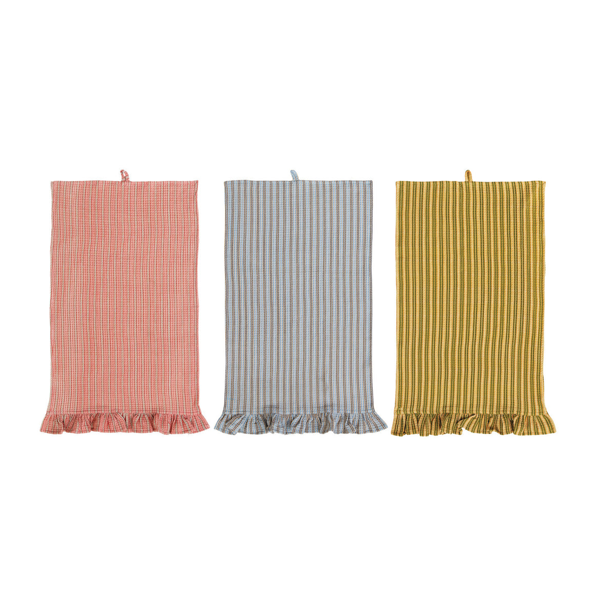 Cotton Printed Waffle Weave Striped Tea Towel with Ruffle, 3 Colors