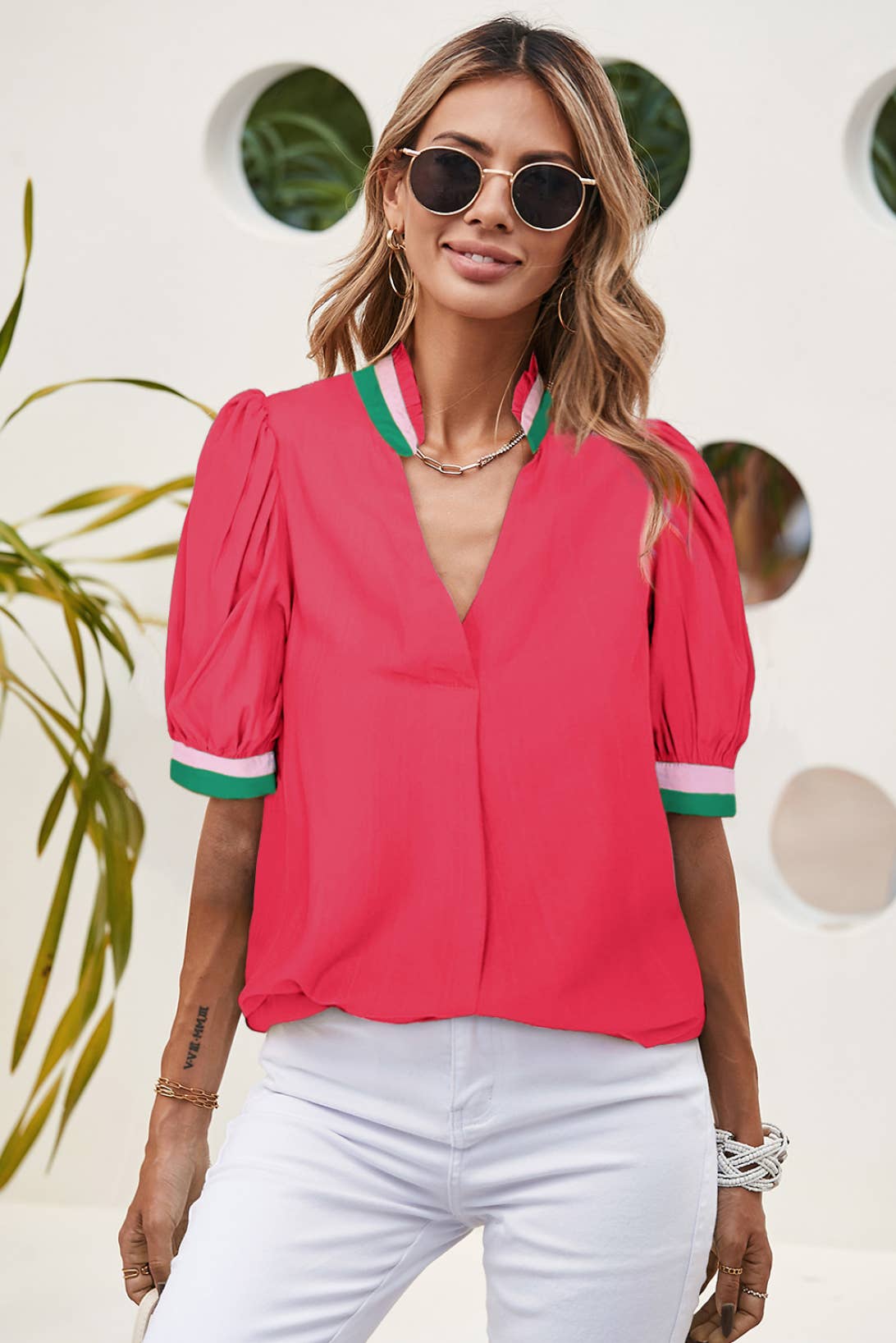 Colorblock V Neck Blouse