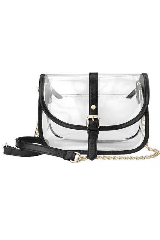 Faux Leather Trim Clear PVC Front Flap Purse Bag
