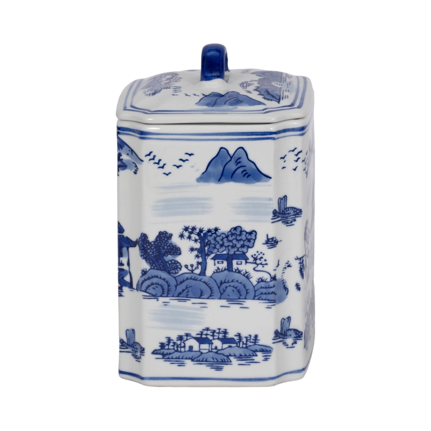 Lidded Blue Ceramic Rectangular Decorative Jar