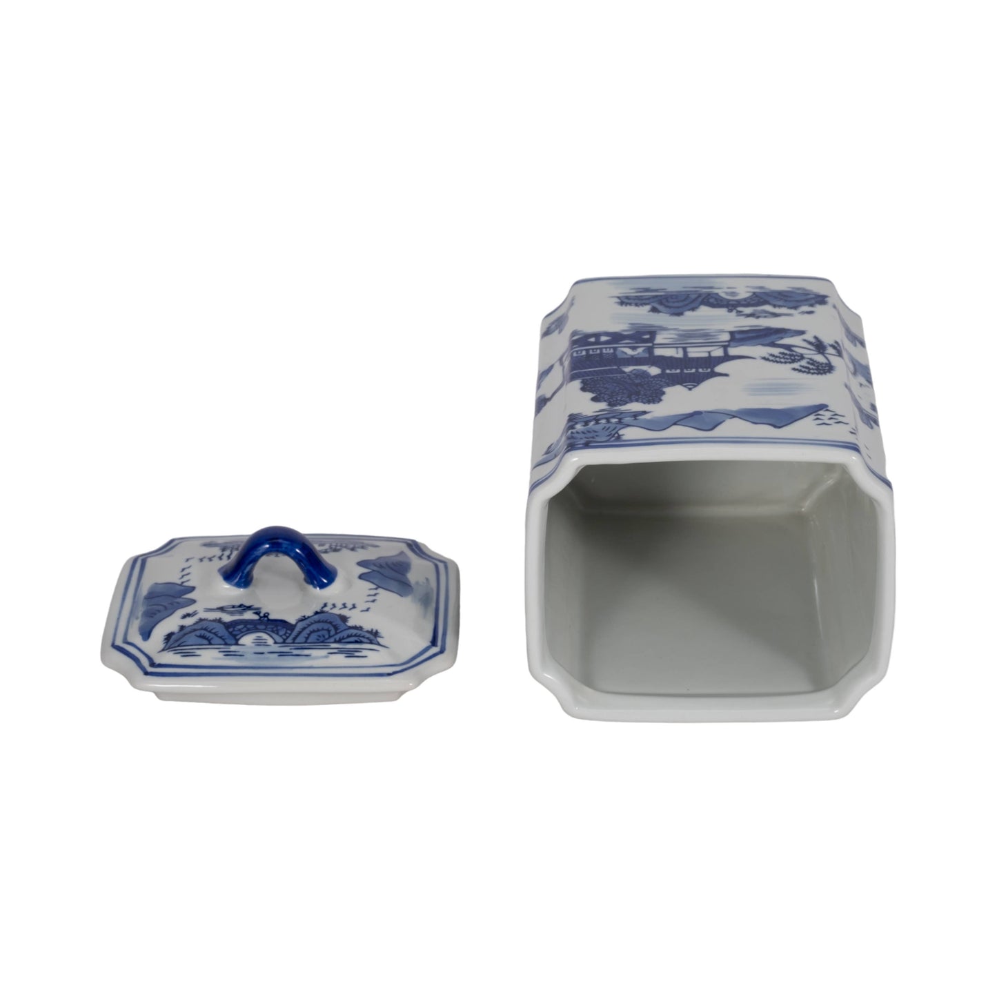 Lidded Blue Ceramic Rectangular Decorative Jar