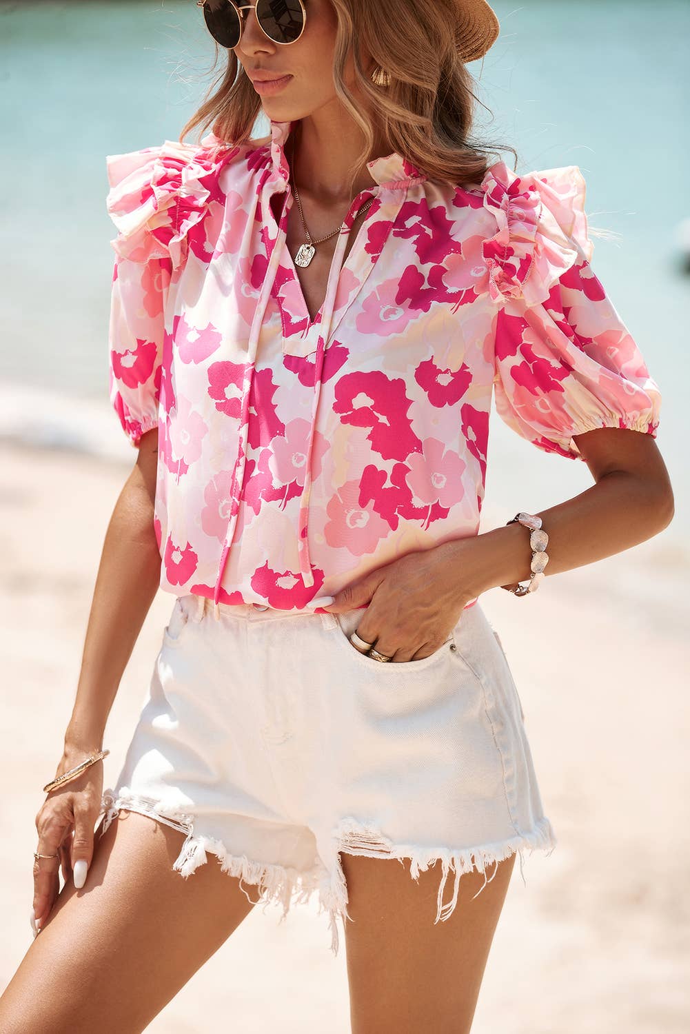 Split Neck Ruffled Puff Sleeves Floral Blouse