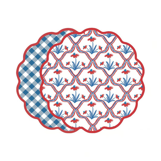 VIDA Americana Floral and Gingham Reversible Placemats Set of 4 (Red & Blue)
