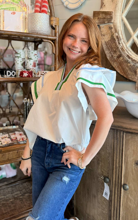 White Ruffle Blouse with Green and Blue Stripes