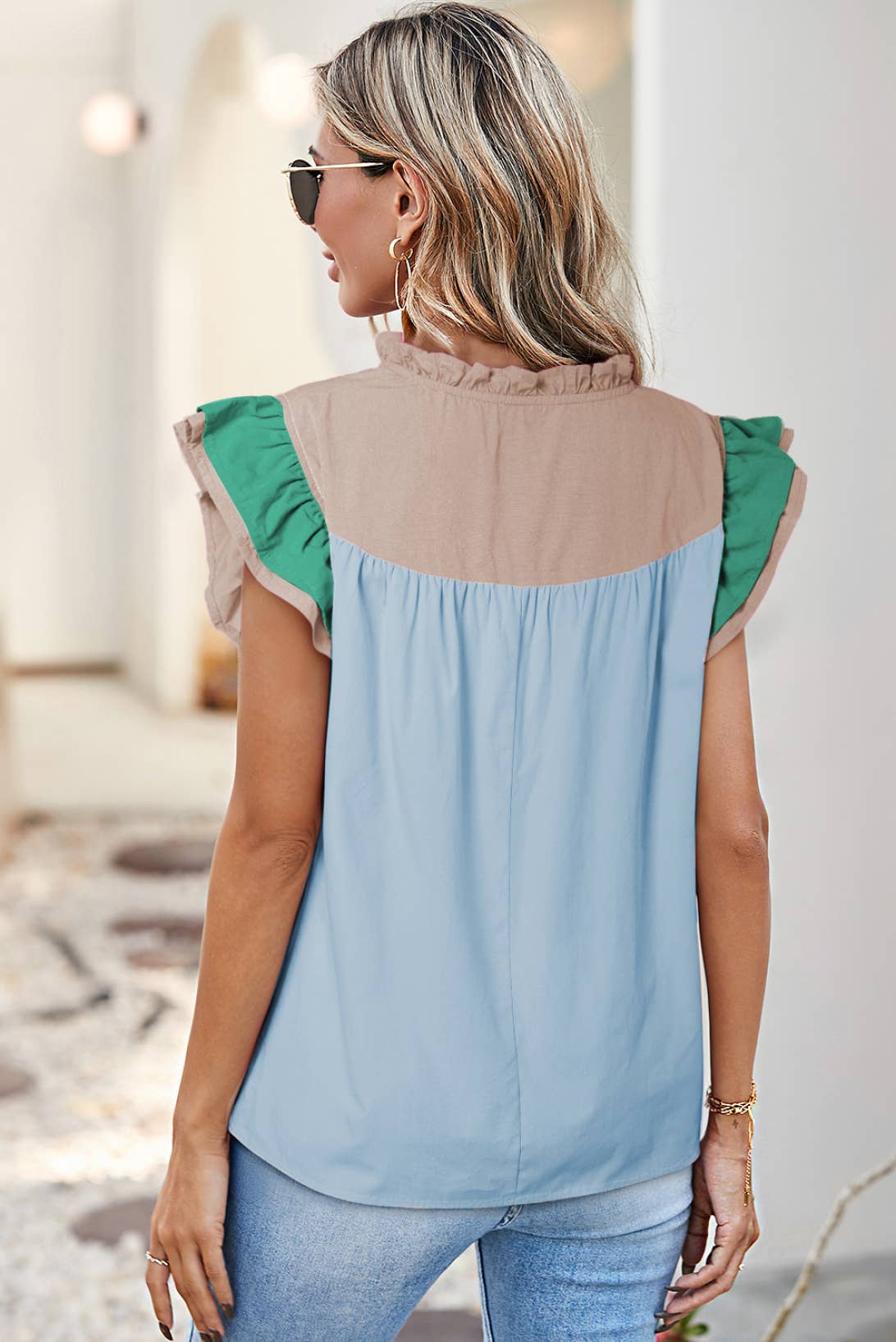 Colorblock Ruffled Sleeve  Blouse