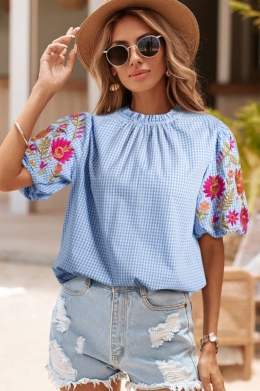 Gingham Embroidered Puff Sleeve Blouse