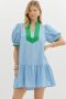 Blue Dress with Green Neckline and Piping on Sleeves
