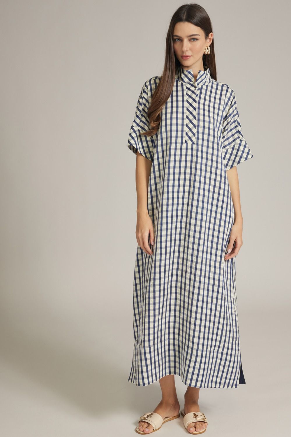 Gingham Short Sleeve Kaftan Midi Dress