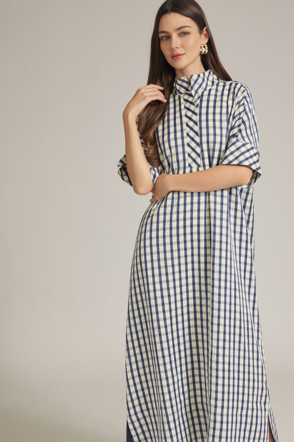 Gingham Short Sleeve Kaftan Midi Dress