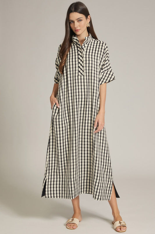 Gingham Short Sleeve Kaftan Midi Dress