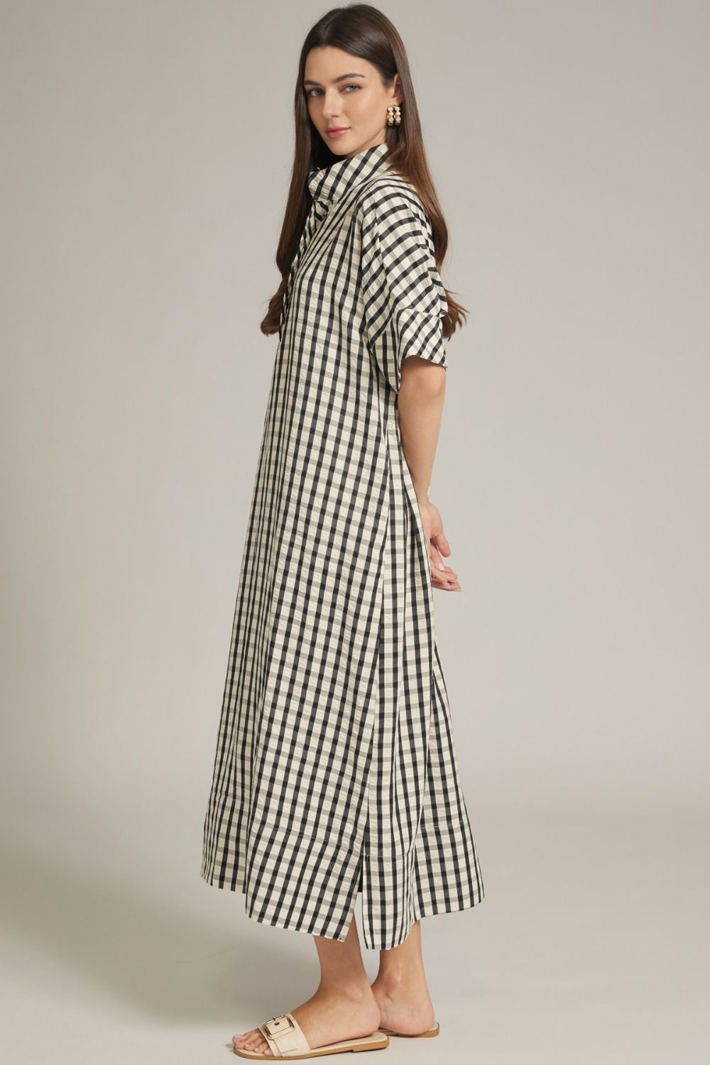 Gingham Short Sleeve Kaftan Midi Dress
