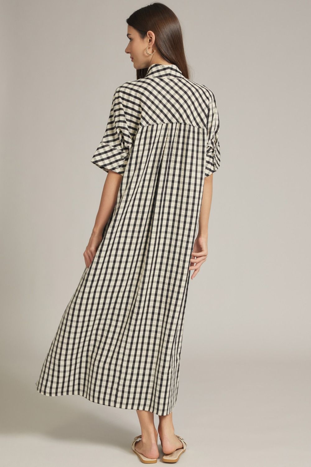 Gingham Short Sleeve Kaftan Midi Dress