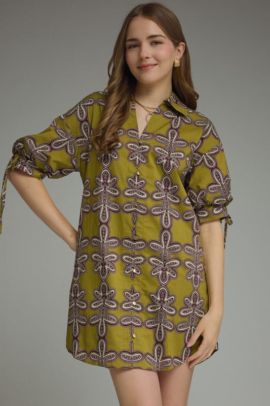 Printed Short Sleeve Mini Dress in Martini Olive