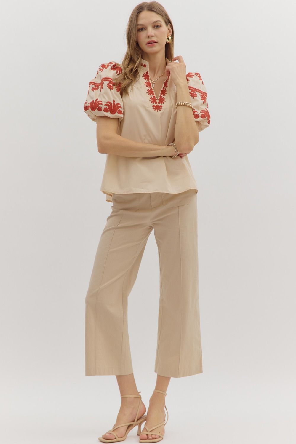 Entro Embroidered Puff Sleeve Blouse