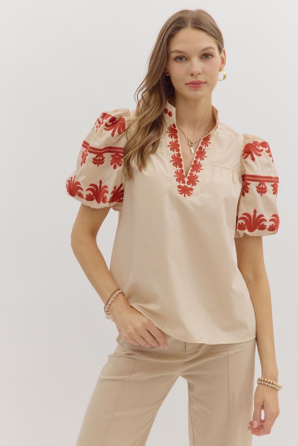 Entro Embroidered Puff Sleeve Blouse