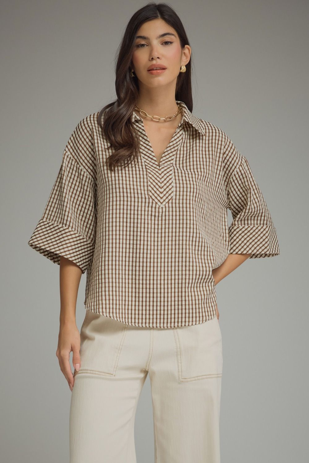 Classic Gingham V-Neck Popover Top