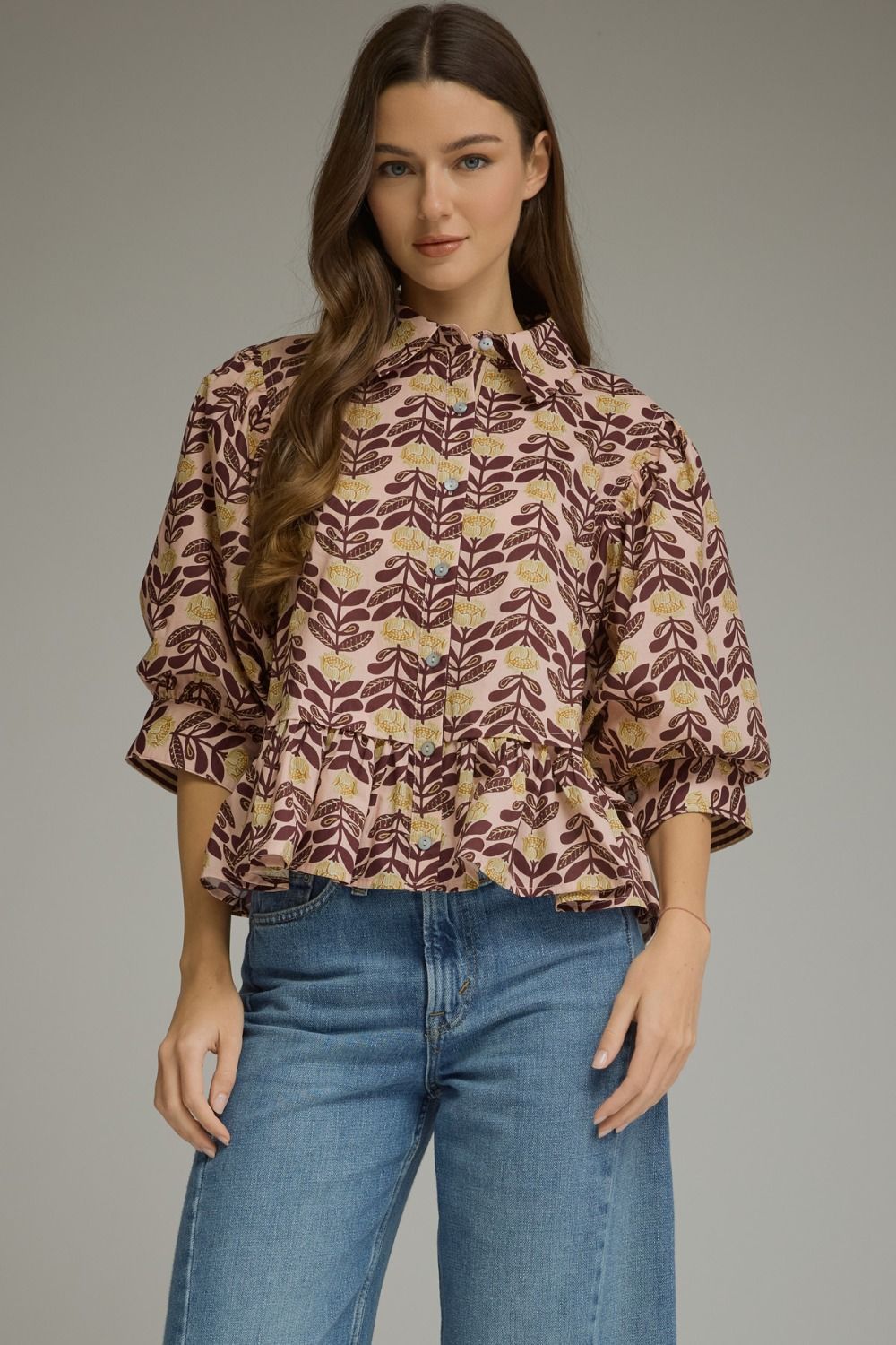 Printed Ruffle Hem Puff Sleeve Top