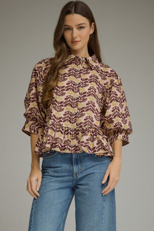 Printed Ruffle Hem Puff Sleeve Top