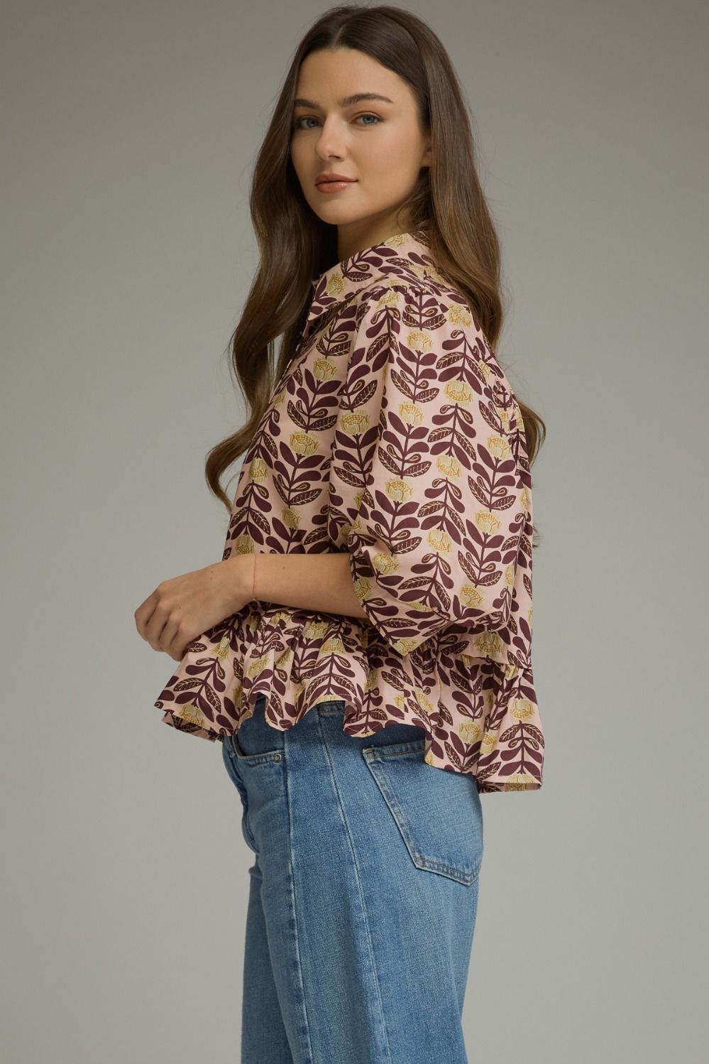Printed Ruffle Hem Puff Sleeve Top